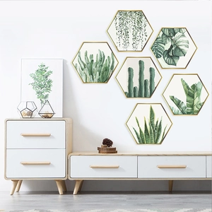 Minimalist hexagonal tropical plant wall stickers set with green leaves and gold frames