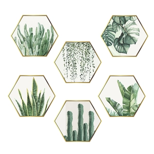Set of 6 hexagonal frames with tropical green plant watercolor art and gold borders