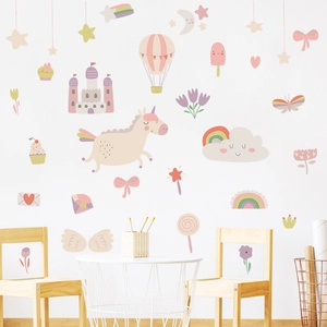 Cartoon wall stickers featuring pink unicorn castle rainbow clouds and hot air balloon motifs