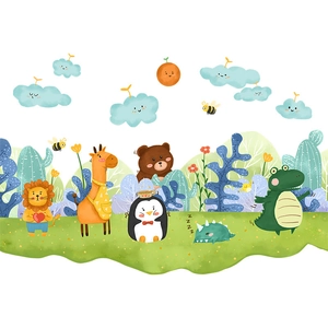 Detail showing watercolor cartoon animals like lions and giraffes in a lush garden
