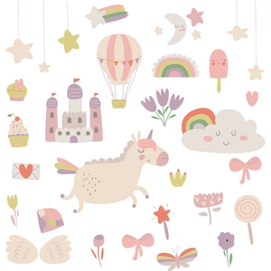 Cartoon sheep castle clouds and hot air balloon wall stickers for kids bedroom decor