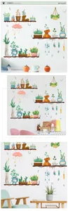 Detailed view of hand-drawn potted plant wall stickers with DIY layout on a white wall