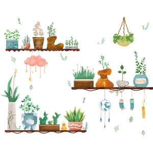 Detail of creative wall decals featuring potted plants and wooden shelf illustrations