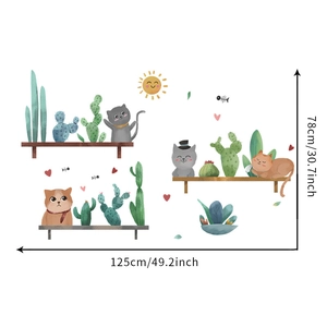 Détail des stickers muraux chats et cactus avec dimensions de 125 cm par 78 cm