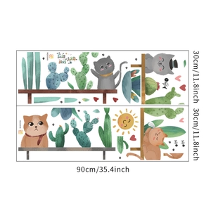 Détail de stickers muraux 30x90cm avec chats, cactus et motifs de soleil mignons