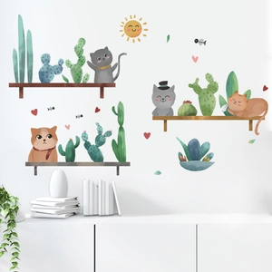 Sticker Mural Chat De Dessin Animé Et Cactus Pastoral PVC Auto-Adhésif Décalcomanie Pour Chambre D'Enfant Salon Décoration Maison