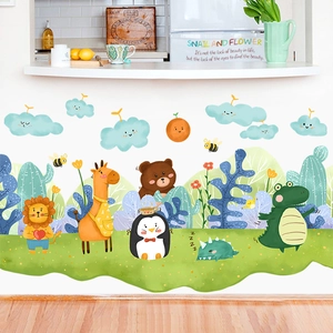 Cartoon animal forest wall stickers featuring lion giraffe and bear for kids room decor