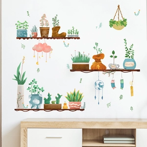 Potted Plants Shelves Wall Stickers Cactus Dream Catcher Wall Decals For Living Room Bedroom Home Decor PVC Self Adhesive Wallpaper
