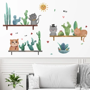 Stickers muraux chats de dessin animé et cactus style dessiné à la main pour décoration