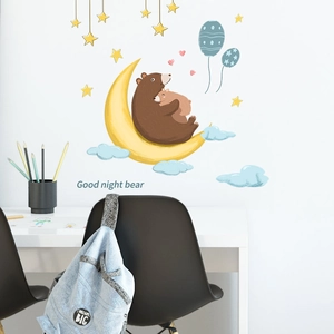 Cartoon bear on moon wall sticker with stars and clouds for kids room decor