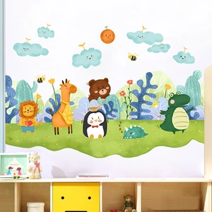 Cartoon forest animals wall stickers set with lion and giraffe for kids room decor