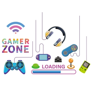 Close-up of colorful gamer wall decals featuring controllers, headsets, and retro consoles
