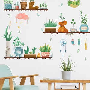 Creative potted plant wall stickers with cactus and shelf design for living room decor
