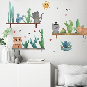 Stickers muraux chats de dessin animé et cactus sur étagères pour déco intérieure