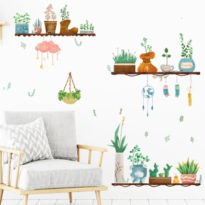 Hand-painted potted plant wall stickers set for home decor on a white living room wall