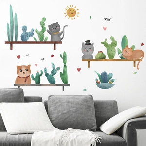 Stickers muraux chat et cactus avec étagères pour une décoration de maison chaleureuse