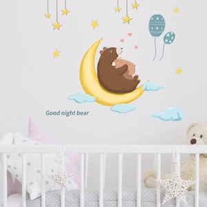 Cartoon wall stickers with bear on moon, clouds and stars for nursery room wall decoration