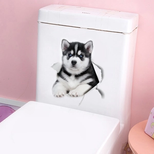 Sticker 3D réaliste de chien husky traversant le mur pour décoration de toilette et maison