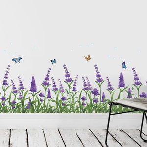 Watercolor lavender and butterfly wall decals for baseboard living room decoration