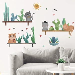 Stickers muraux de chats et cactus sur étagère pour décoration intérieure