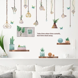 Pastoral style wall sticker with hanging geometric plants and motivational quotes