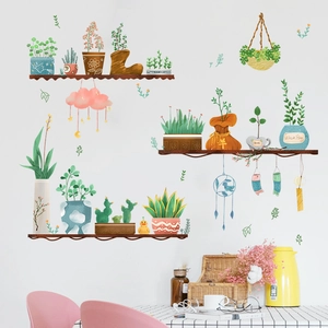 Creative potted plant wall stickers featuring succulents and cacti for living room decor