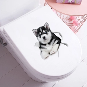Sticker 3D réaliste de chien husky pour toilettes ou voiture avec effet de trou créatif