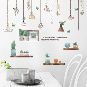 Pastoral wall stickers with hanging plants, geometric lamps, and inspirational English quotes