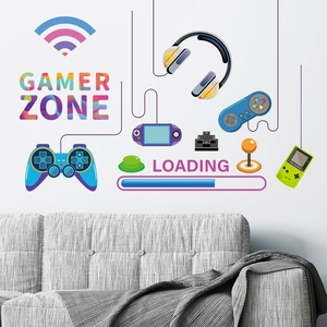 Colorful GAMER ZONE wall decal with game controller icons for video game room decor