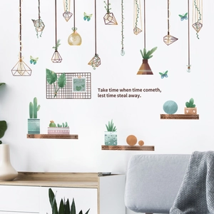 Pastoral hand-drawn wall stickers with hanging lamps, potted plants and butterfly decor