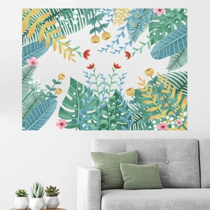 Nordic tropical leaves and flowers wall sticker in a modern living room setting
