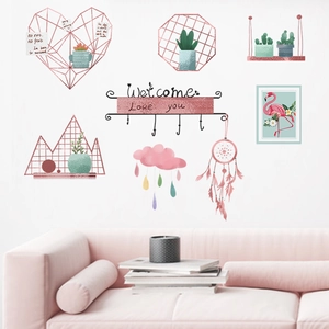 Stickers muraux nordiques avec flamant rose et attrape-rêves pour décoration de maison