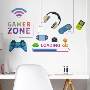 Vibrant gamer zone wall stickers featuring game controllers and headsets for bedroom decor