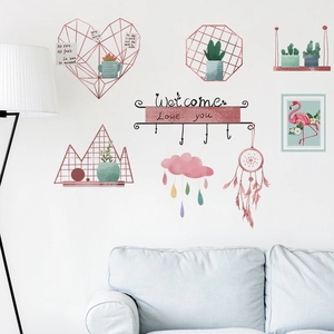 Stickers muraux nordiques avec cadres or rose, flamants roses et plantes vertes décor