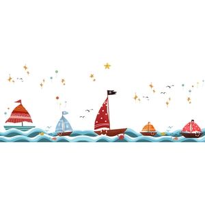 Detailed stickers showing colorful cartoon sailboats, blue sea waves and golden stars