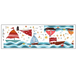 Detailed sheet of cartoon sailboat wall stickers with waves and stars for kids room decoration