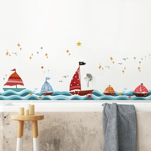 Cartoon Nautical Sailboat Sea Waves Wall Stickers Waterproof PVC Removable Decals For Kids Room Nursery Bathroom Decoration