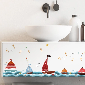 Cartoon nautical sailboat and waves wall stickers for children's room bathroom decor