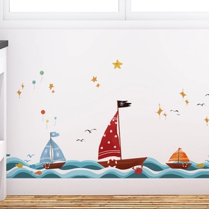 Cartoon ocean waves and colorful sailboats wall decals for kids nursery and bedroom decor