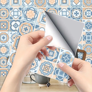 Mediterranean blue and orange geometric self-adhesive tile stickers for kitchen walls