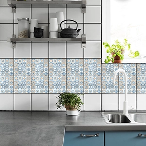 Mediterranean blue and orange geometric self-adhesive tile stickers on kitchen backsplash