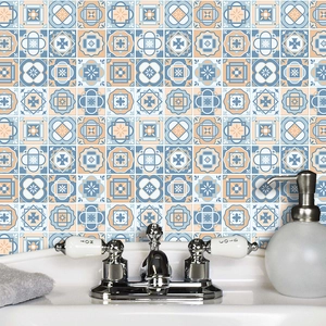 Mediterranean blue geometric self-adhesive wall tile stickers for kitchen and bathroom decor