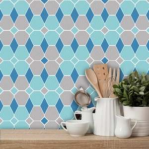 Stickers carrelage géométriques bleus avec texture 3D pour cuisine et salle de bain