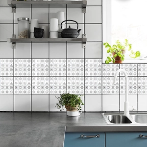Adesivi per piastrelle geometriche bianche con motivi floreali neri per paraspruzzi cucina