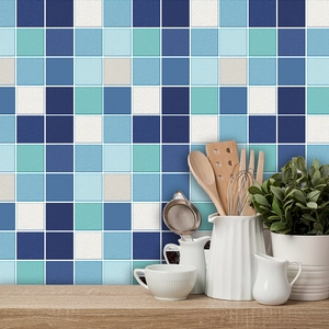 Adesivi per piastrelle a mosaico blu per cucina con motivo geometrico impermeabile a griglia