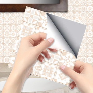 Self-adhesive geometric crystal tile stickers for kitchen backsplash in beige and cream