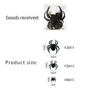 Size guide for 12pcs 3D Halloween spider wall stickers showing dimensions and packaging