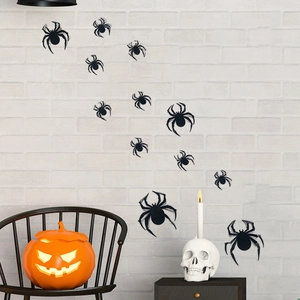 Detailed 3D black spider wall stickers on a white brick wall for Halloween home decor
