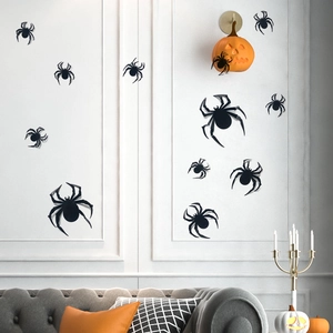 Set of black 3D spider wall stickers for Halloween home decor in living room scenes