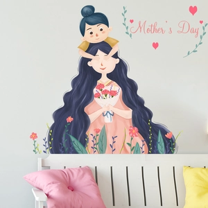 Stickers muraux Fête des Mères avec enfant, maman, fleurs et cœurs décoratifs